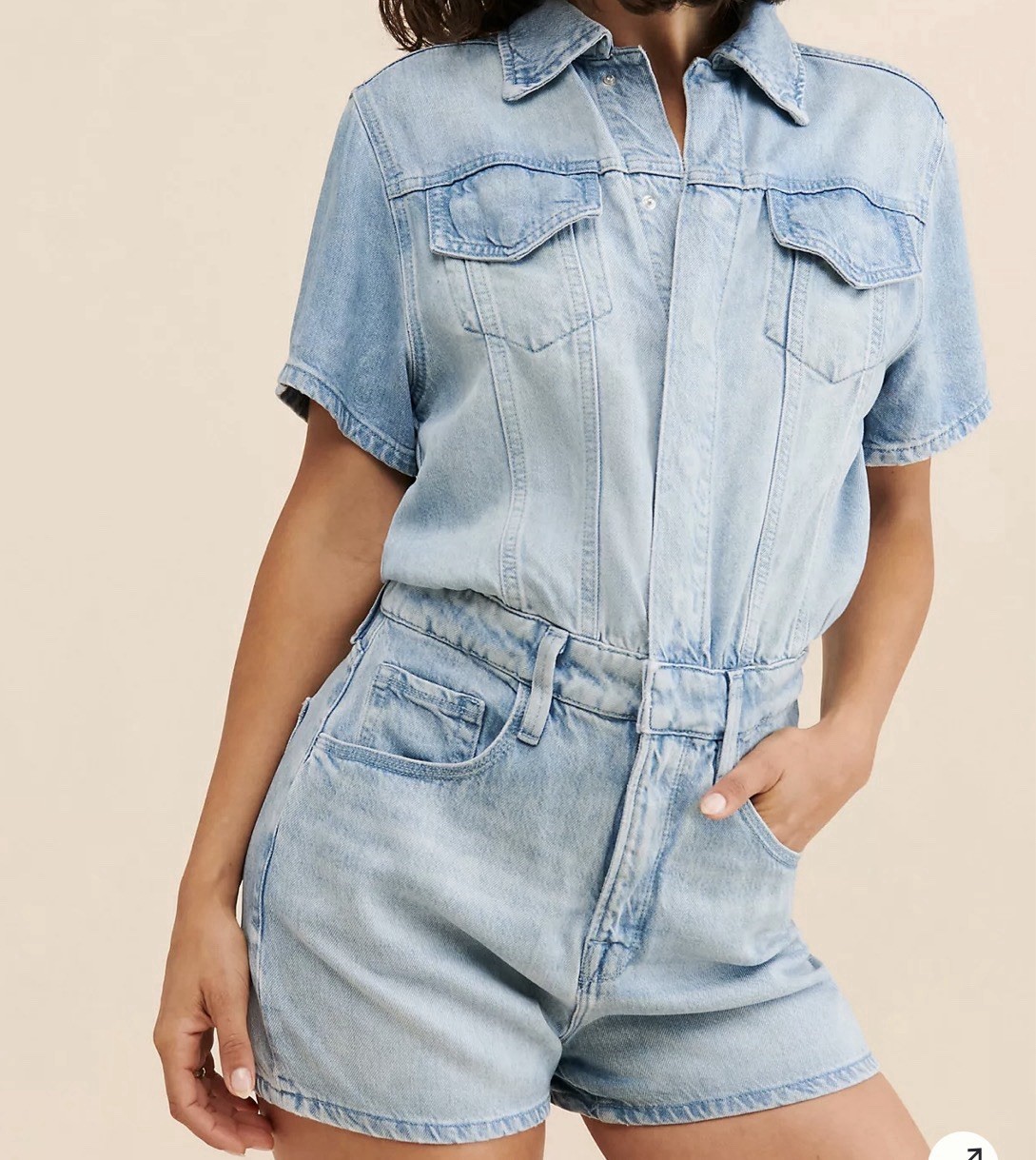 Good American Denim Romper Sz 4 XL Light Wash Tencel Utility Snap Front Shorts