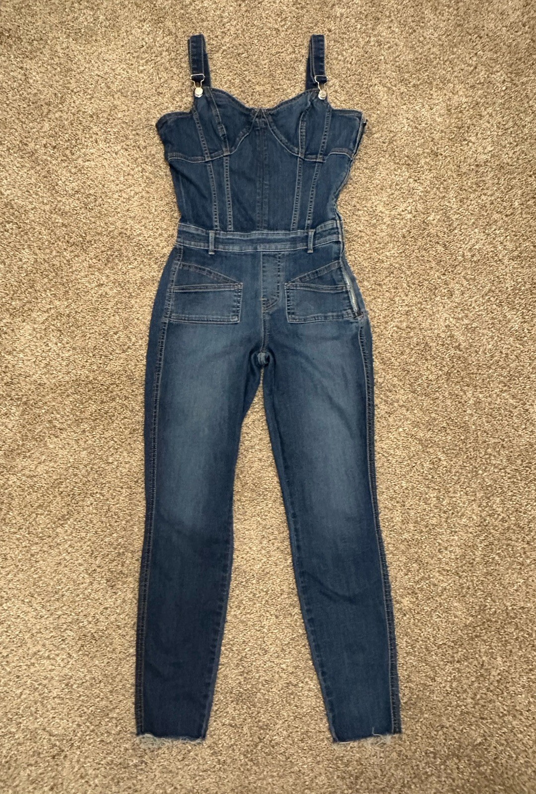 True Religion Women’s Denim Jumpsuit Sleeveless Blue Large Button Zipper Pockets