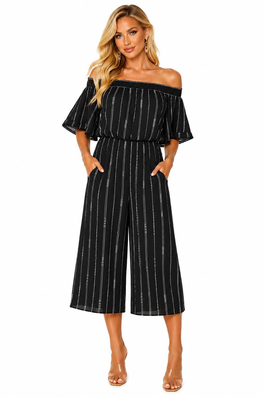 AUW Women’s Off Shoulder Striped Jumpsuit Size 10 Wide Leg Cropped Pockets Lined