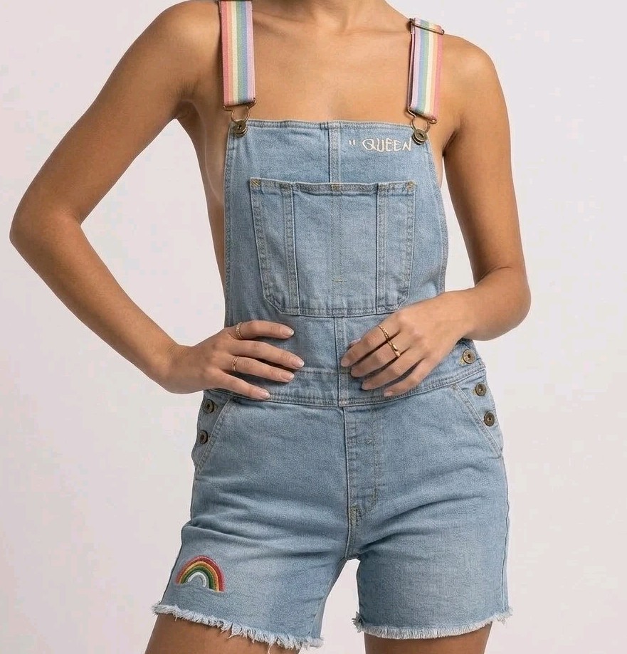 kidcore Pride Rainbow Strap Embroidery Denim Shortall Patch Overall LGBT Queen M