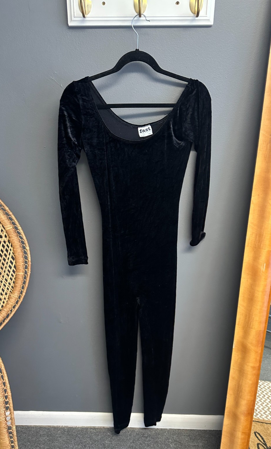 Vintage 90s Unitard Sz L Black Stretch Crushed Velvet Catsuit Leotard Jumpsuit