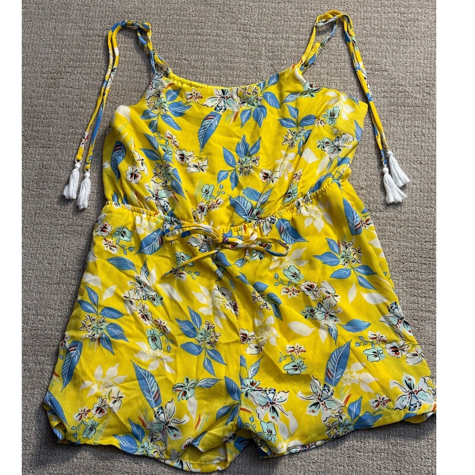 AS U WISH Floral Romper Tassel Tie Straps Yellow Blue White 1X