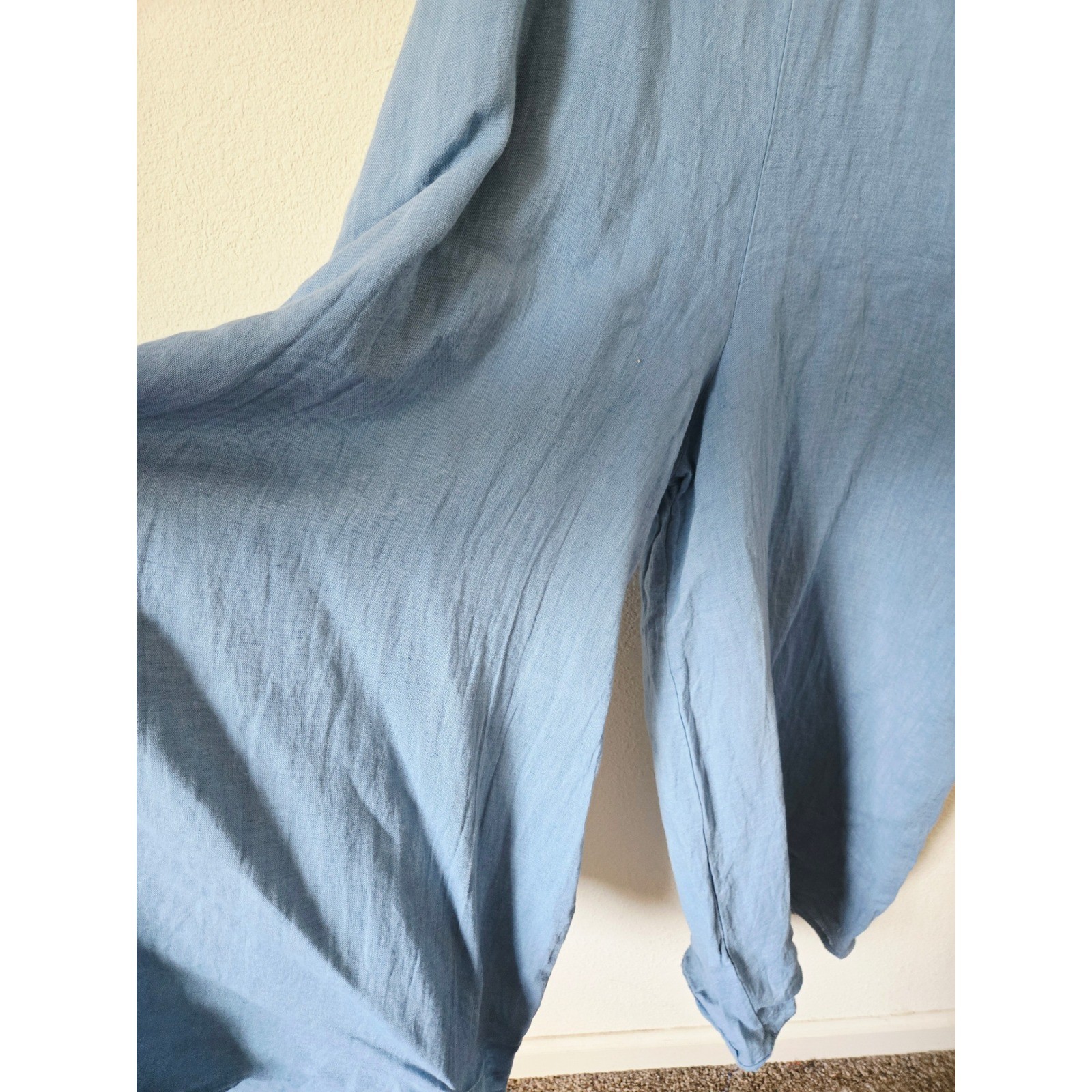 Made in Italy Womens Blue 100% Linen Wide Leg Tie Back Loose Jumpsuit Overalls