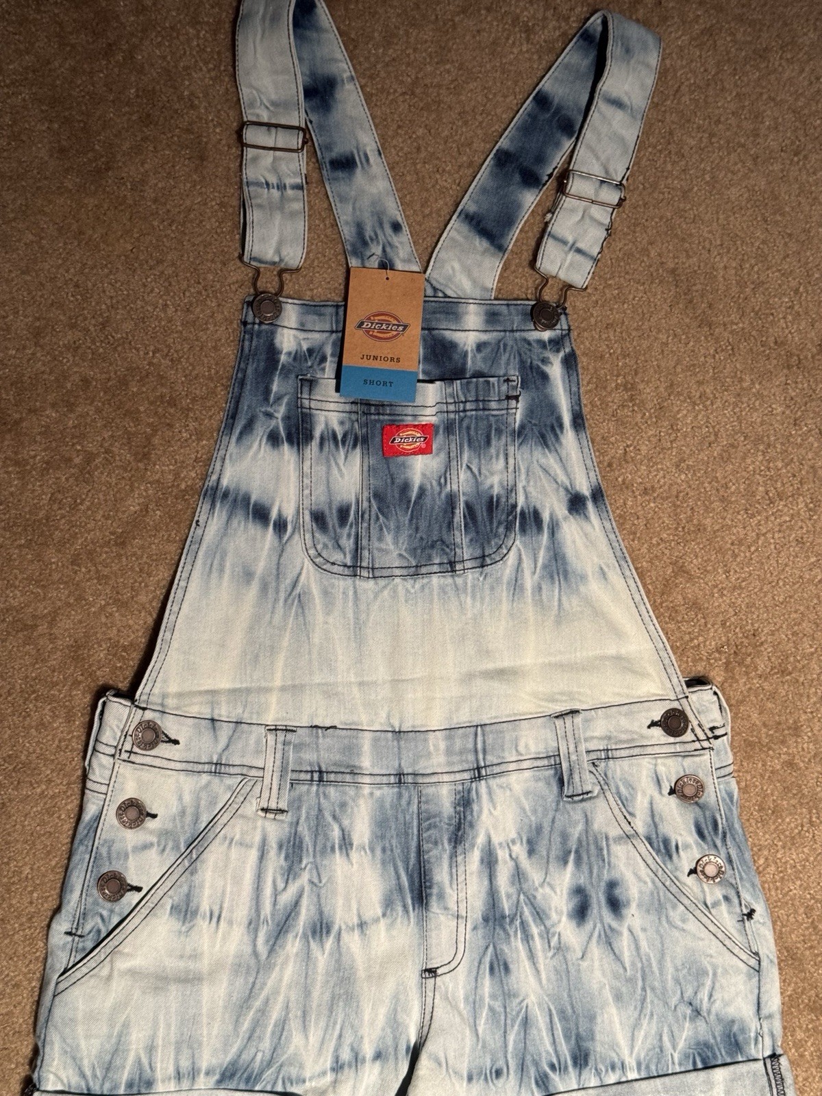 Dickies Juniors Tie-Dye Denim Shortall Overalls Adjustable Straps Pockets L