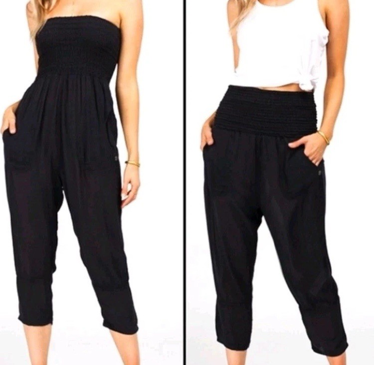 PrAna Sz Small Black TOMOMI 2 IN 1 Smocked Gauze Pants/Jumpsuit Coastal Beachy