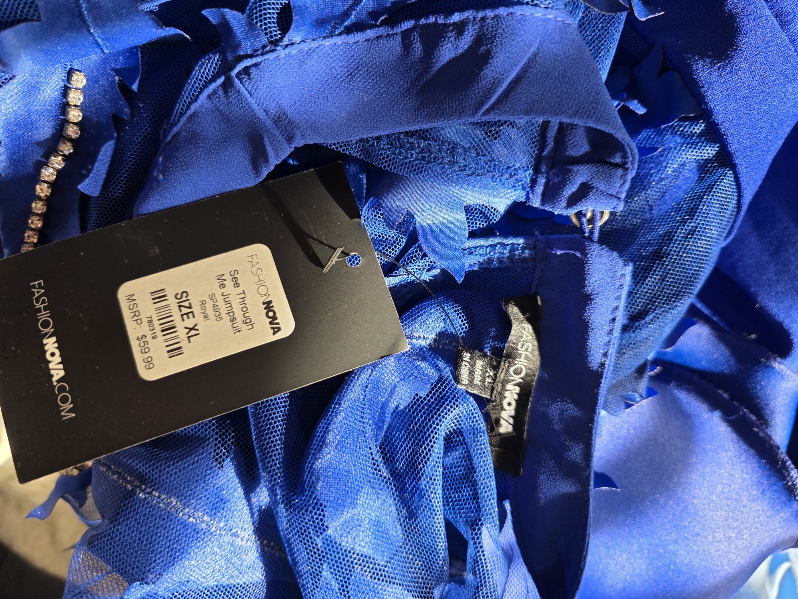 Fashion Nova See Through Me Jumpsuit Royal Blue Flutter Sleeve Beaded Size XL