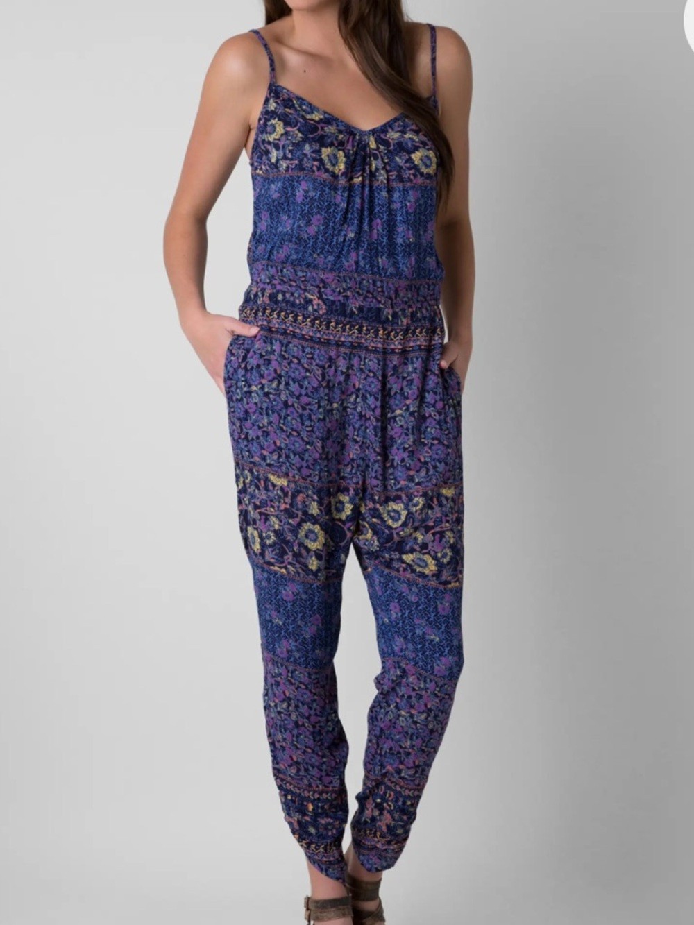 NWT Billabong Take Me Away Jumpsuit Blue Floral V-Neck Large Boho Hippie Summer