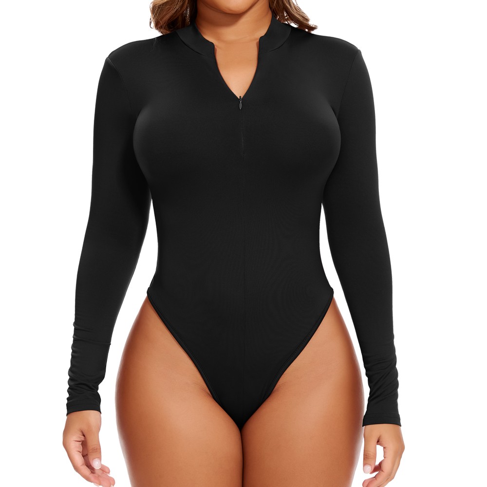 Women Fleece Lined Thermal Long Sleeve Bodysuit Mock Turtle Neck Zip Leotard Top