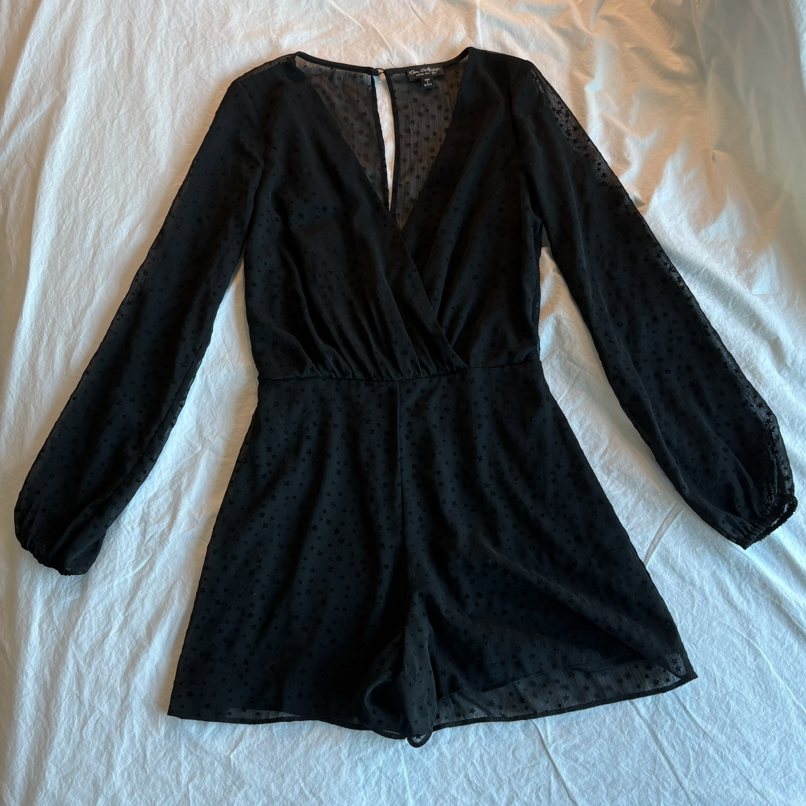 Vtg Miss Selfridge Sheer Black Velvet Star Bell Sleeve Mini Romper Playsuit US 2