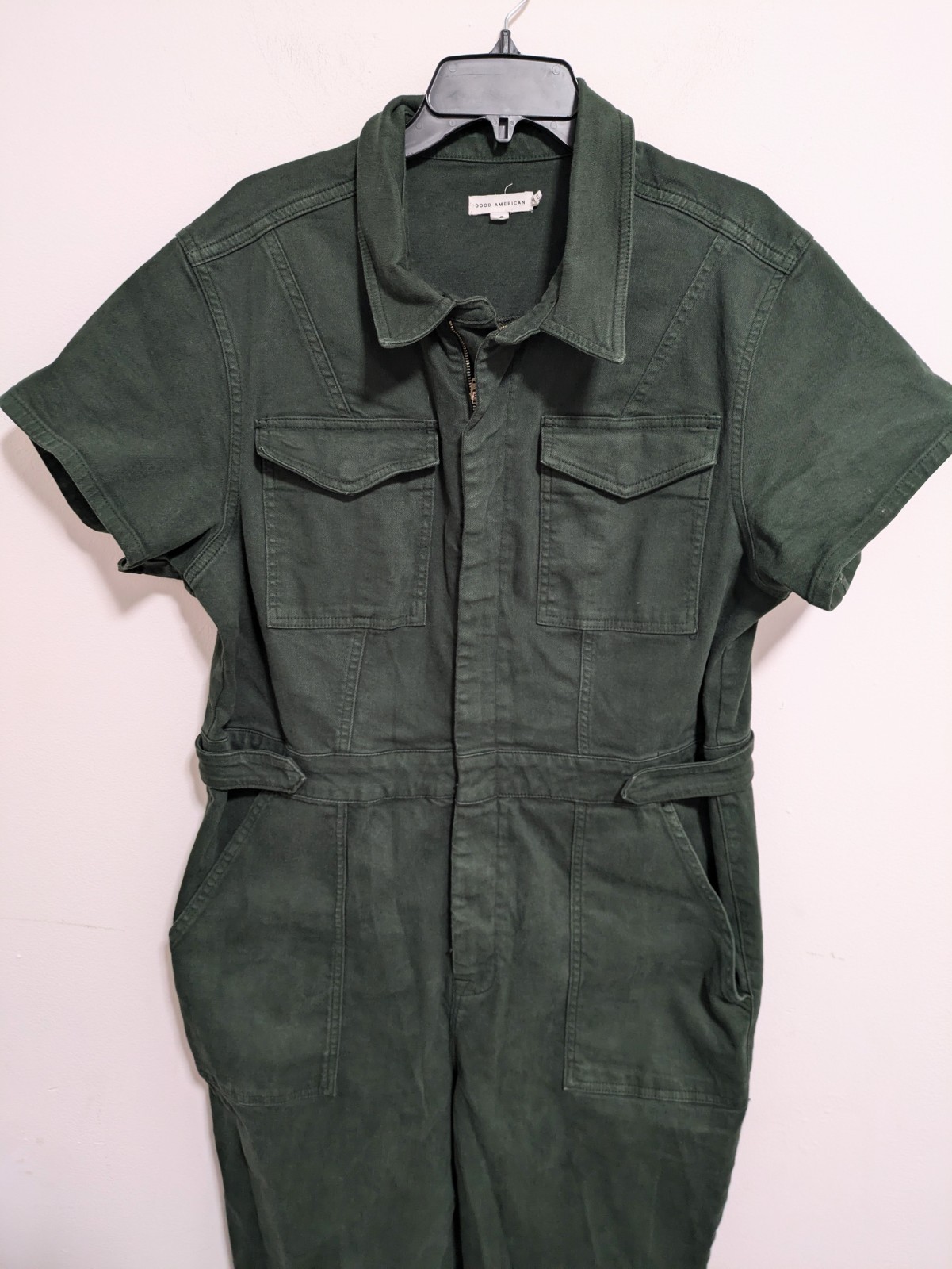 GOOD AMERICAN Womens Denim Jumpsuit Green Sz 3 Stretch Utility Grunge Zipper