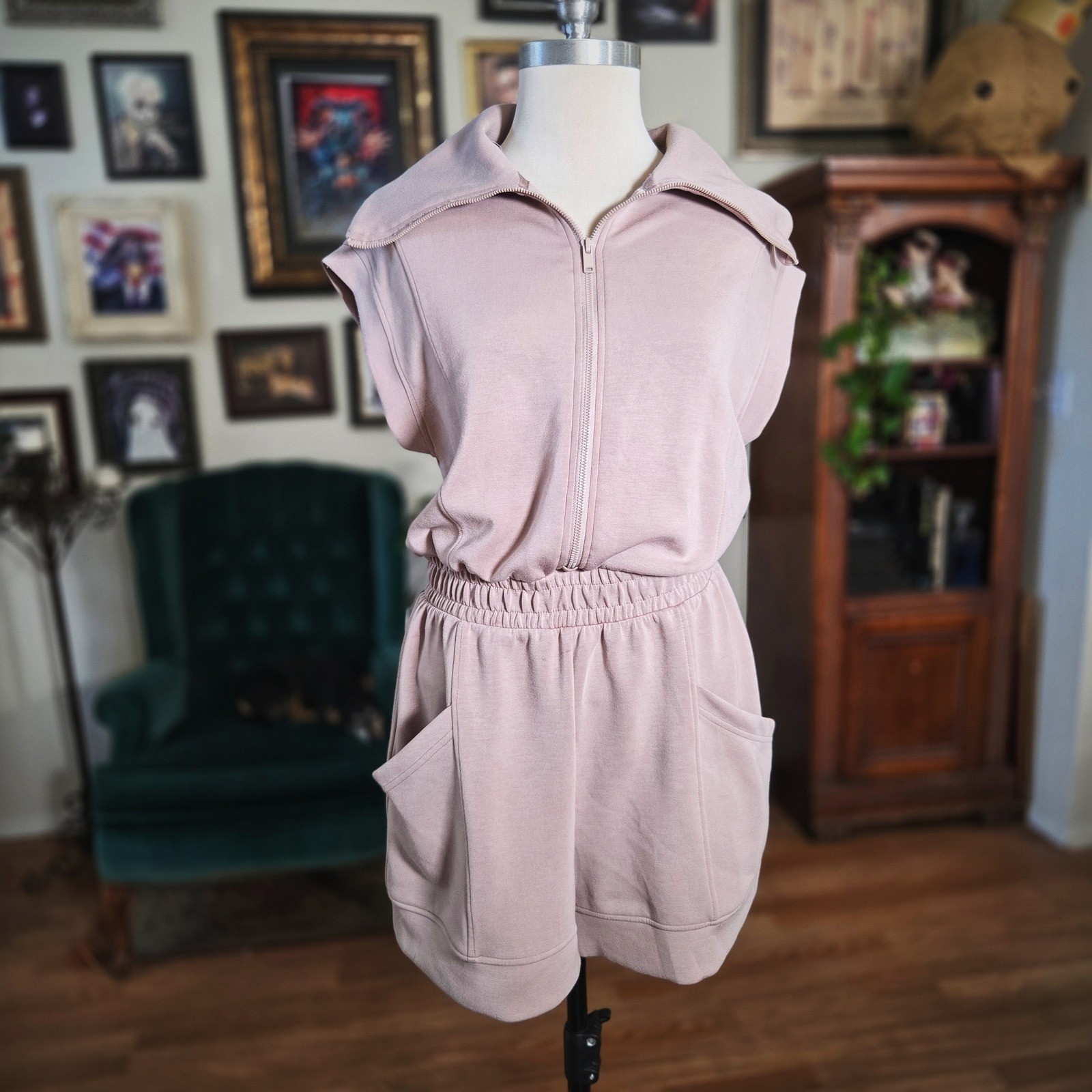 Rae Mode Blush Zip Front Lounge Romper Sleeveless Soft One Piece