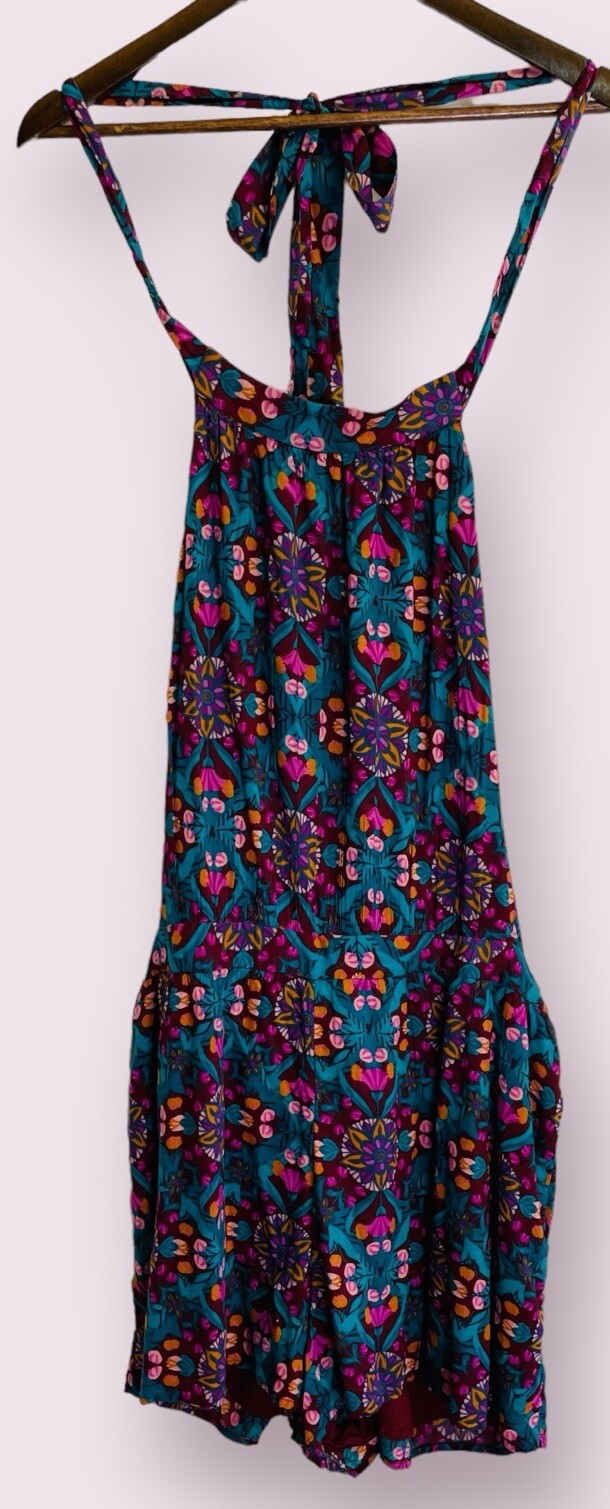 NEW Free People Romper Womens XL Wine Combo Floral Halter Open Back