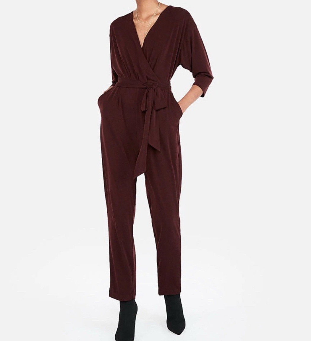 Express Burgundy Jumpsuit V-Neck Tie Waist 3/4 Sleeve Straight Leg M
