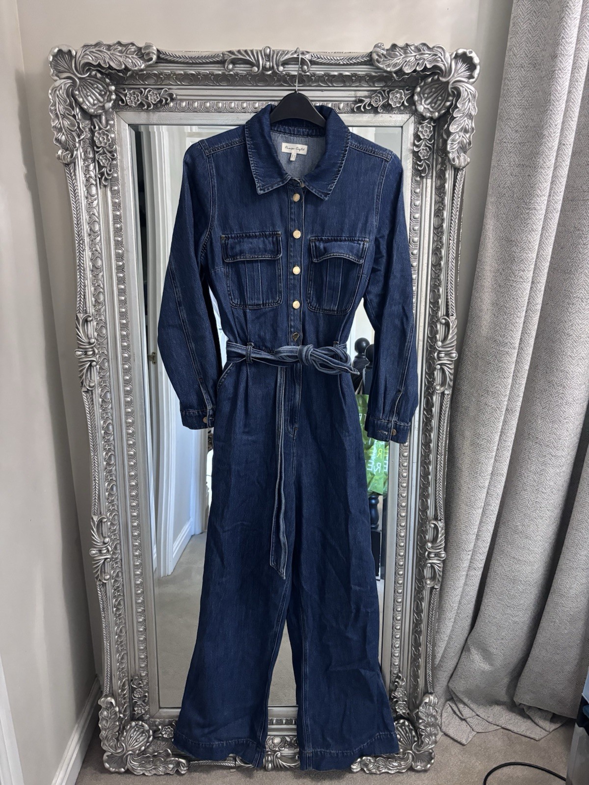 Phase Eight Women’s Avalon Wide Leg Denim Blue Utility Tie Waist Jumpsuit 16