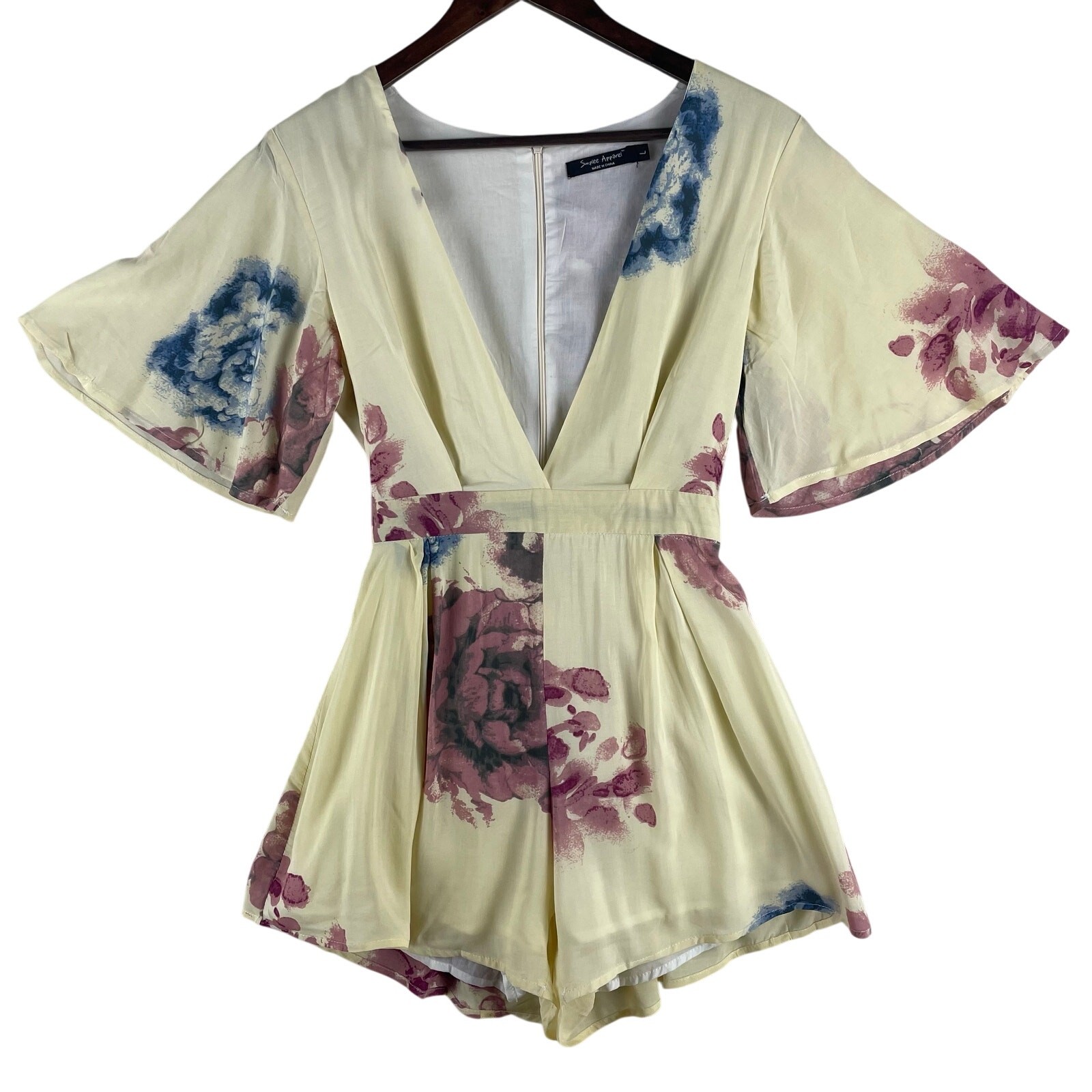 Simplee Apparel Womens Romper LG Yellow Floral Bell Sleeve Deep V Tie Back Lined