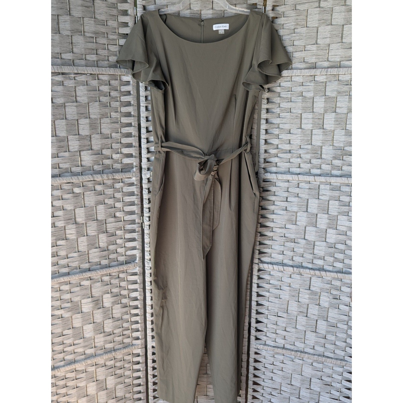 Calvin Klein Olive Green Flutter Sleeve Belted Jumpsuit Tapered Leg Pockets 12