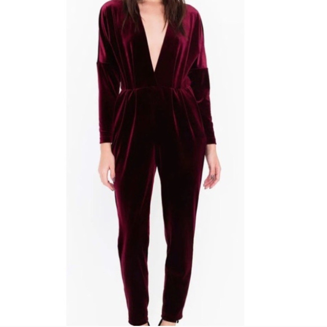 American Apparel Adelyn Jumpsuit S Burgundy Velvet Deep V Plunge Indie Sleaze