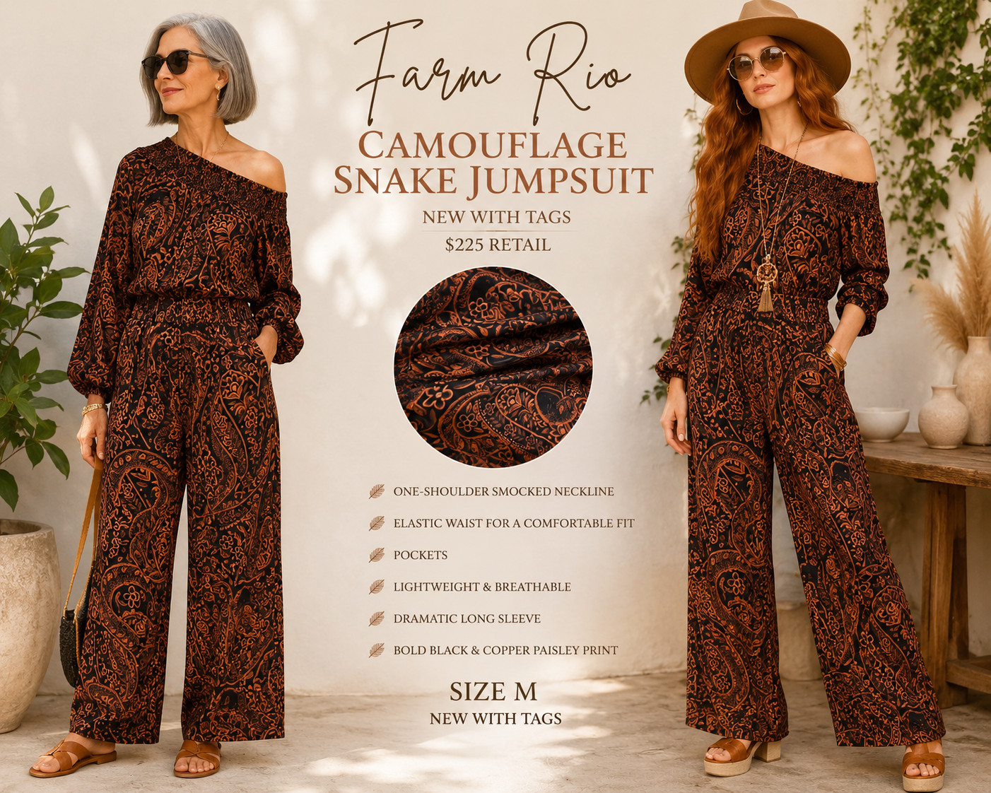 Farm Rio Camouflage Snake Jumpsuit | One-Shoulder | Size M | NWT | $225 Retail