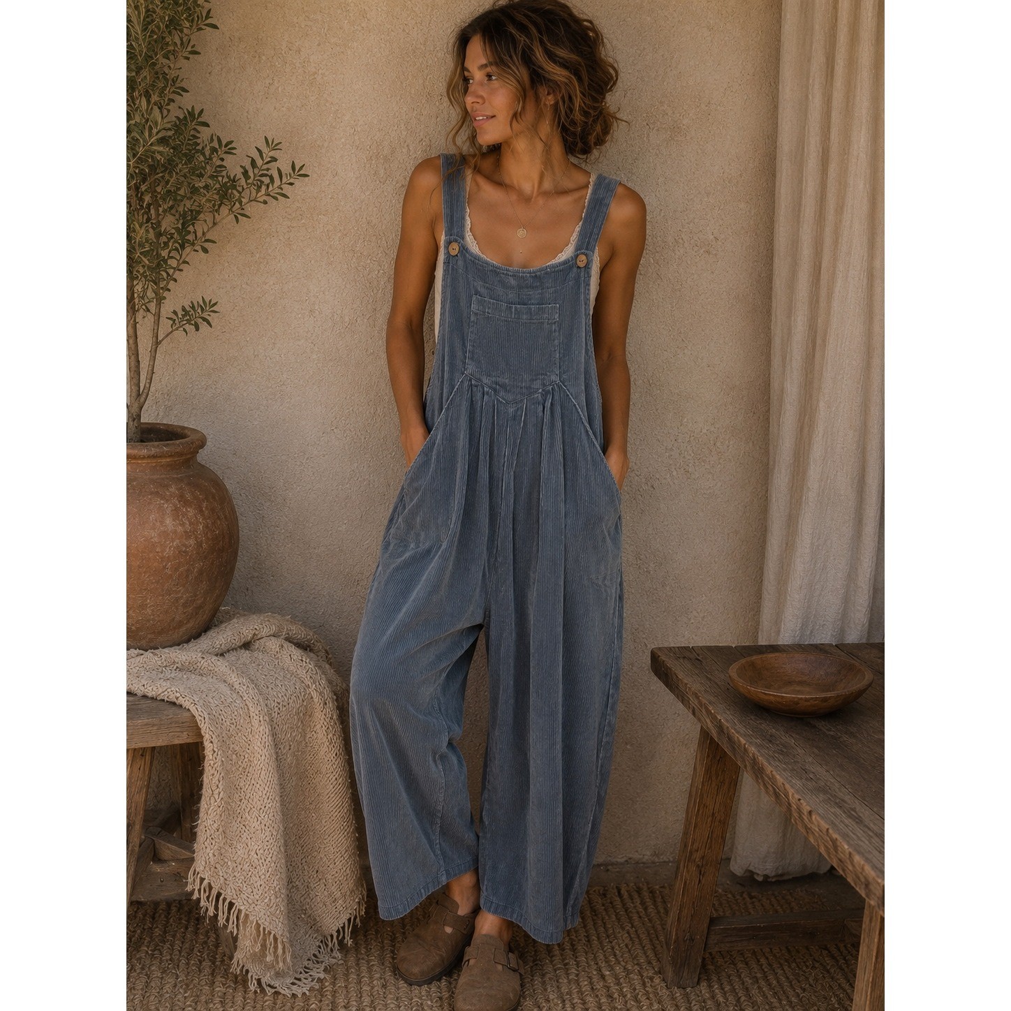 BIBI Blue Corduroy Wide Leg Overalls Jumpsuit XL Boho Baggy Bibs IB1130-04