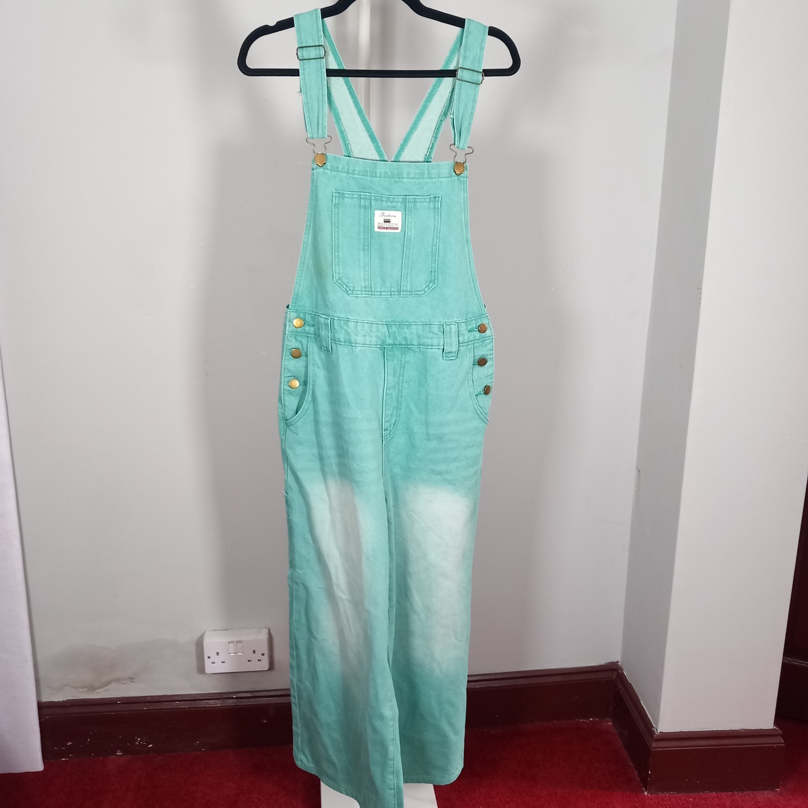 Shein Aqua Denim Dungaree Jumpsuit Cropped Wide UK Size M 10