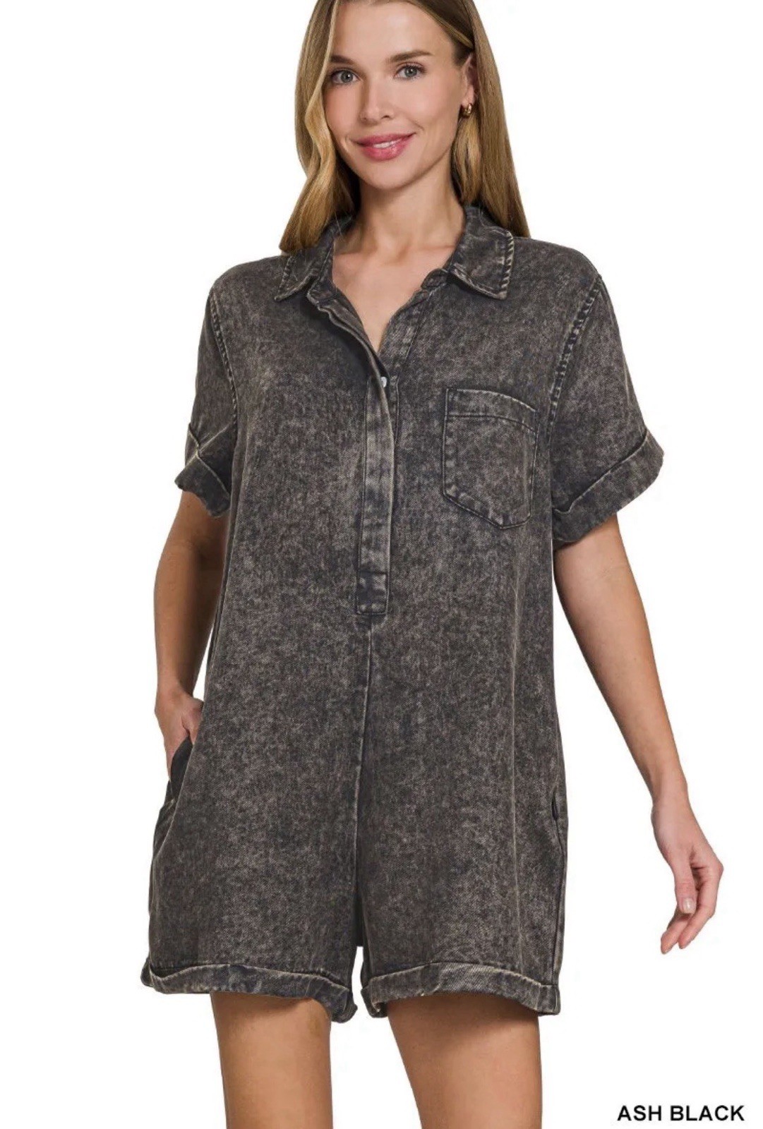 Zenana DPW-7273Y ASH BLACK Tencel Mineral Washed Half Button Shirt Romper Sz L