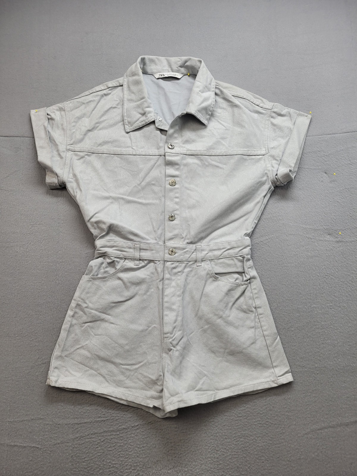 Zara Women Romper M Gray Metallic Collared Button Up Short Sleeve Pocket Denim