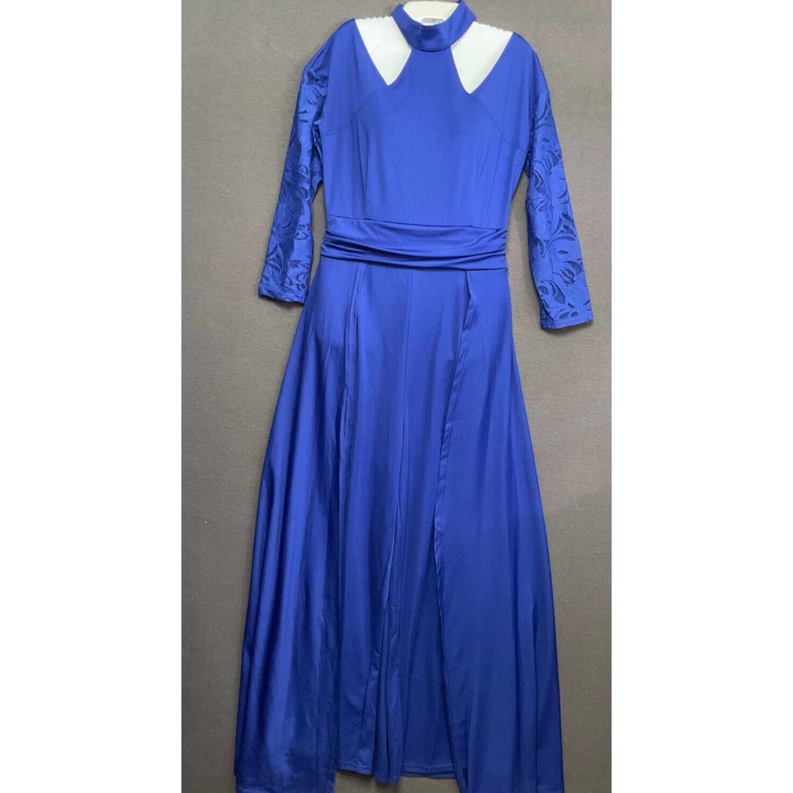 Women’s Chic Blue Jumpsuit Lace Sleeve High Neck Lace Sleeves Evening Party Wear