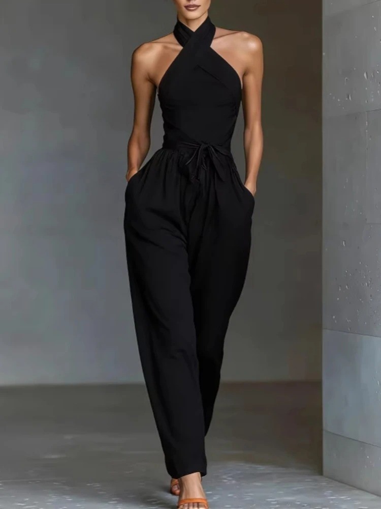 Chic Sexy Ciss Cross Halter Backless Jumpsuit Woman Spring Elegant Tie Waist New