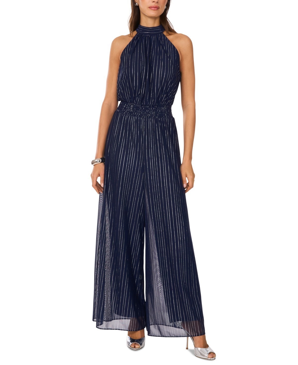 Vince Camuto Shine-Stripe Halter Wide-Leg Smocked-Waist Jumpsuit Size Xs 2112