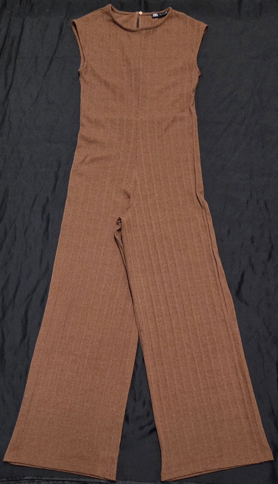 ZARA Sleeveless Knit Jumpsuit Wmn Sz S Brown Ribbed Wide Leg Lightweight Stretch
