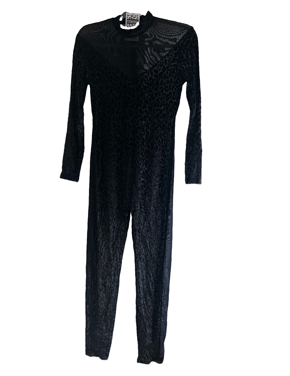 TIBERU Women’s XL Black Sheer Mesh Leopard Print Mock Neck Long Sleeve Jumpsuit