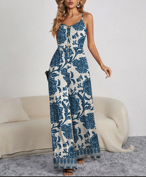 IZURIA Sz L Blue & Ivory Floral Button Front V-Neck Sleeveless Wide-Leg Jumpsuit