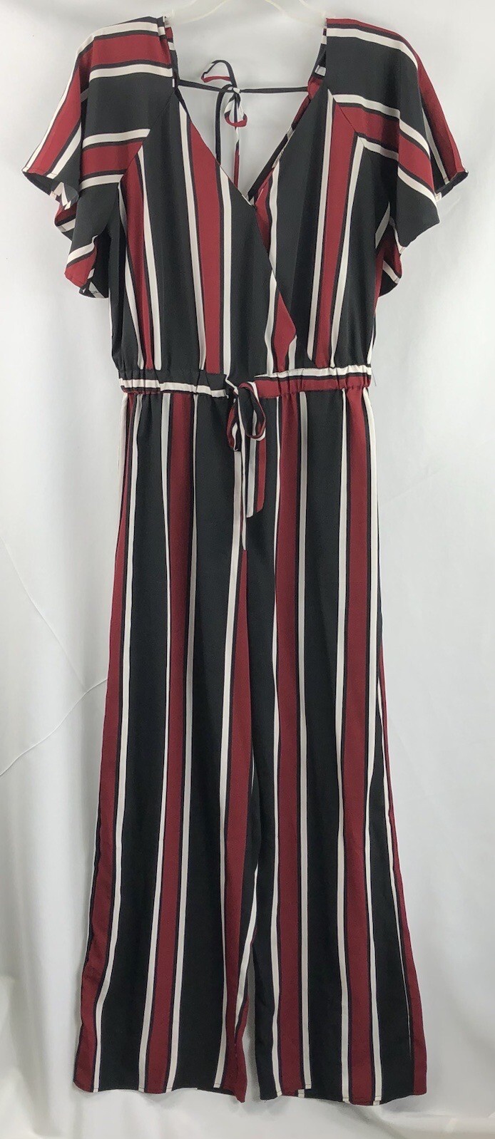 Retro Silky jumper jumpsuit L red blk flutter sleeve cinch waist Wide Leg 6os