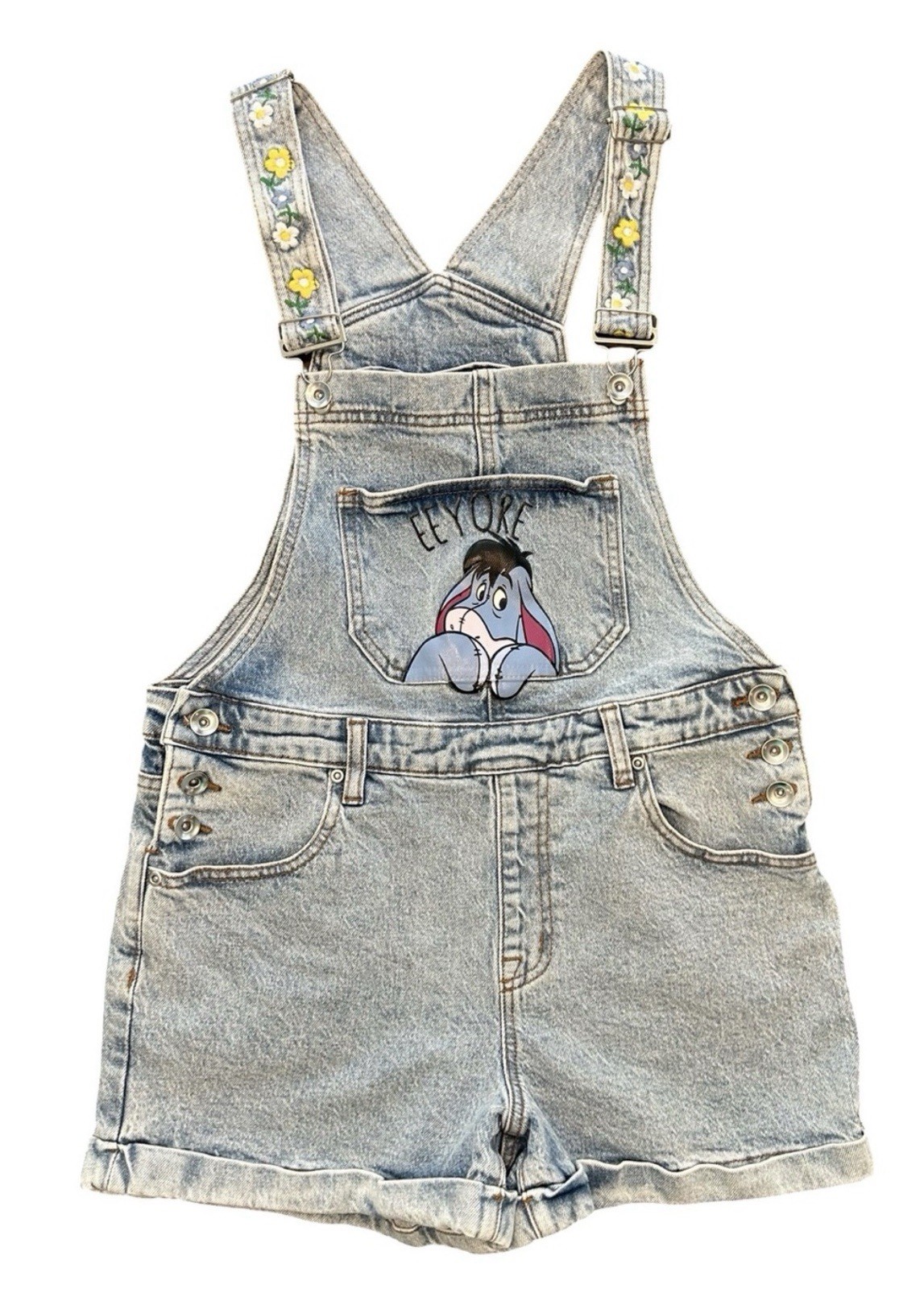 Disney Winnie The Pooh Eeyore denim shortfalls floral straps whimsical kawaii SM