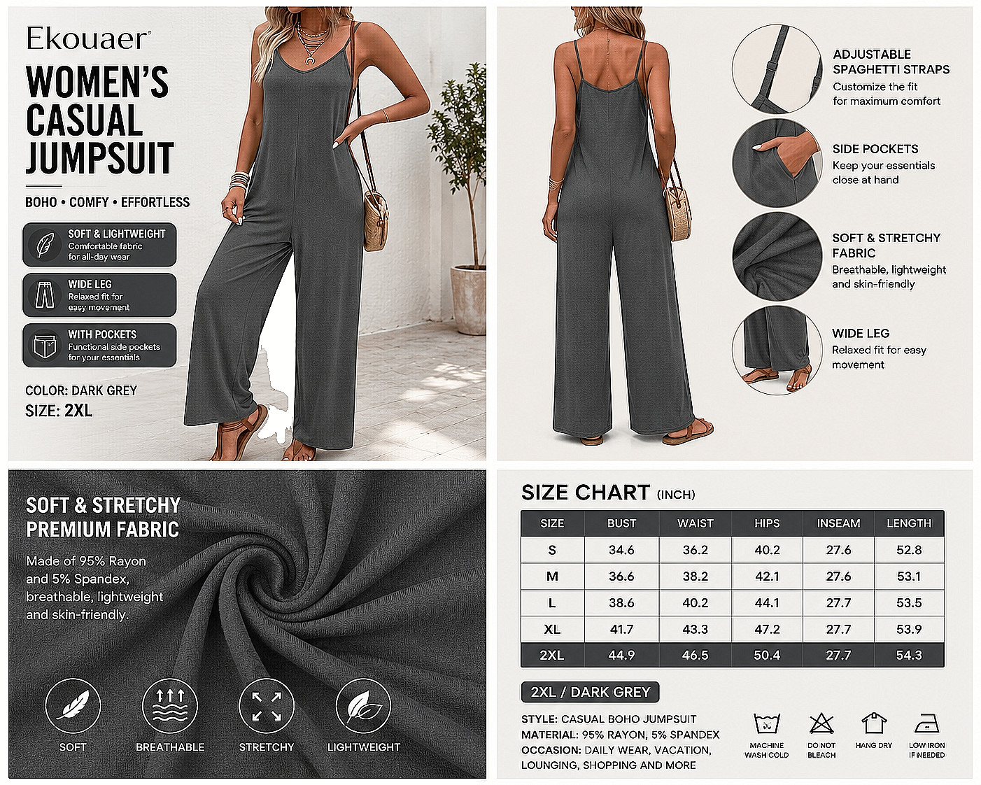 Women’s 2XL Dark Grey Sleeveless Wide Leg Jumpsuit with Pockets