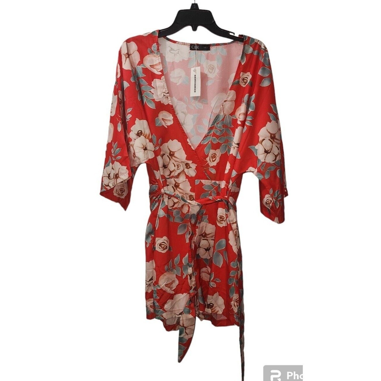 CBR Floral Print Romper V-Neck Kimono Sleeve Red White Size L
