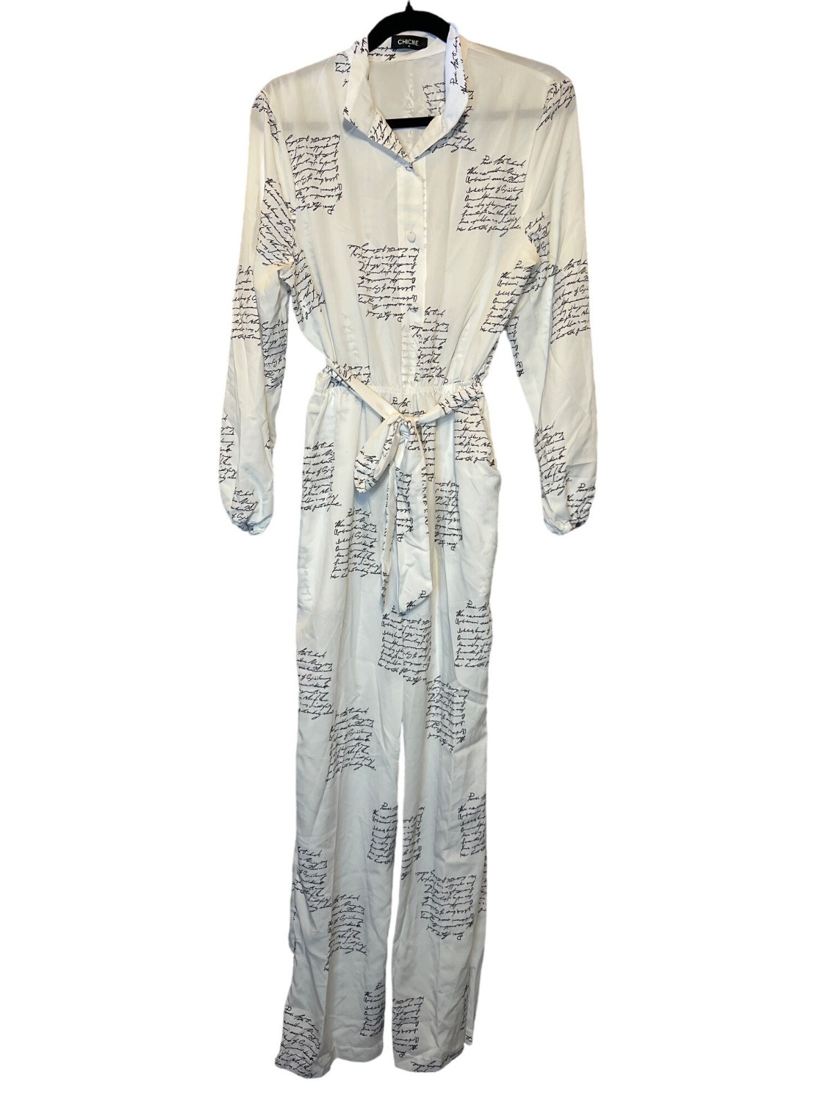 CHICME Women’s Medium Letter Print Long-Sleeve Belted Jumpsuit