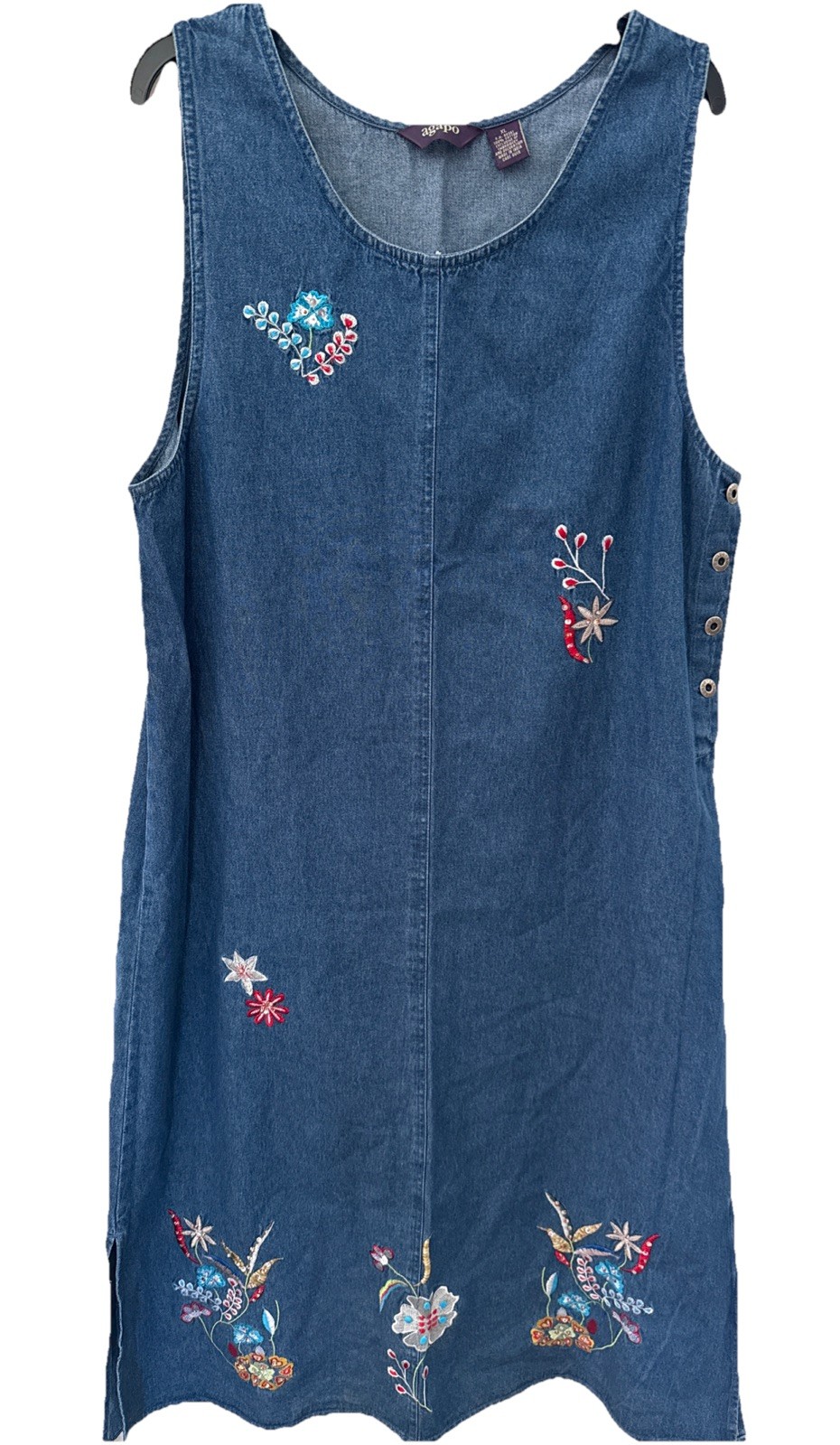 Agapo womens Denim Jumper sz XL Embroidered Flowers sequins