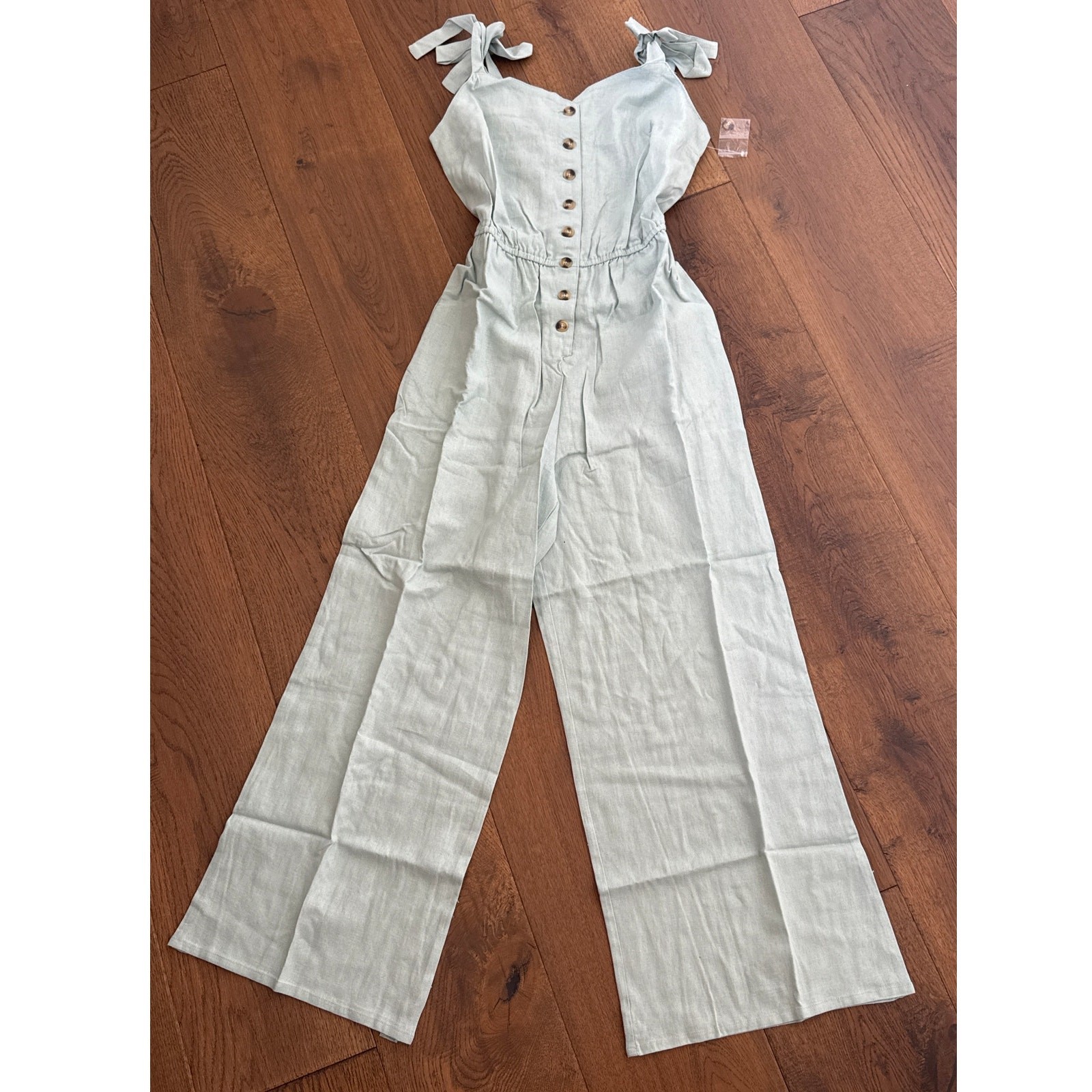 ModCloth Linen Jumpsuit Every Waking Momentum Wide Leg Sage Blue Green S NWT