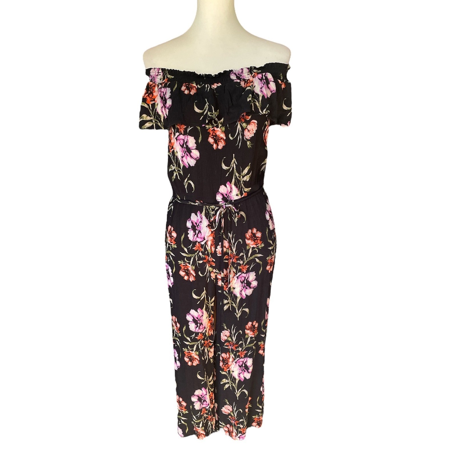 Altar’d State Black Floral Tie Waist Off-Shoulder Jumpsuit, Large, Cottagecore