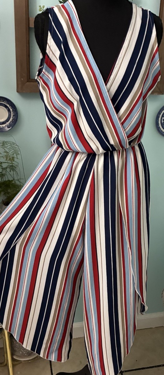 Split Leg Wrap Palazzo Red Navy Tan Striped Wrap Style V Neck Jumpsuit Medium