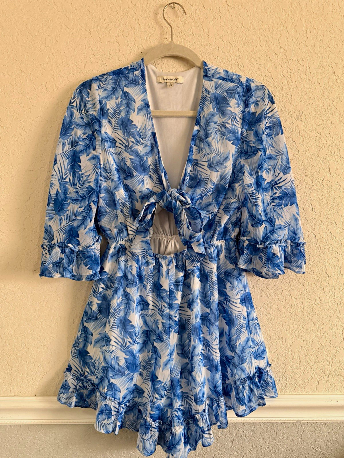 francesca’s Blue/White Floral Tie-Front Ruffle Romper V-Neck 3/4 Sleeve S