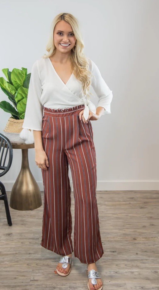 E Hanger M Black White Brown Faux Wrap Stripe Jumpsuit Wide Leg Size Medium