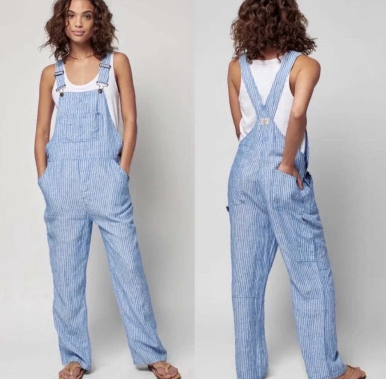 Faherty Blue Linen Mechanic Overalls Skyway Railroad Stripe Jumpsuit XS