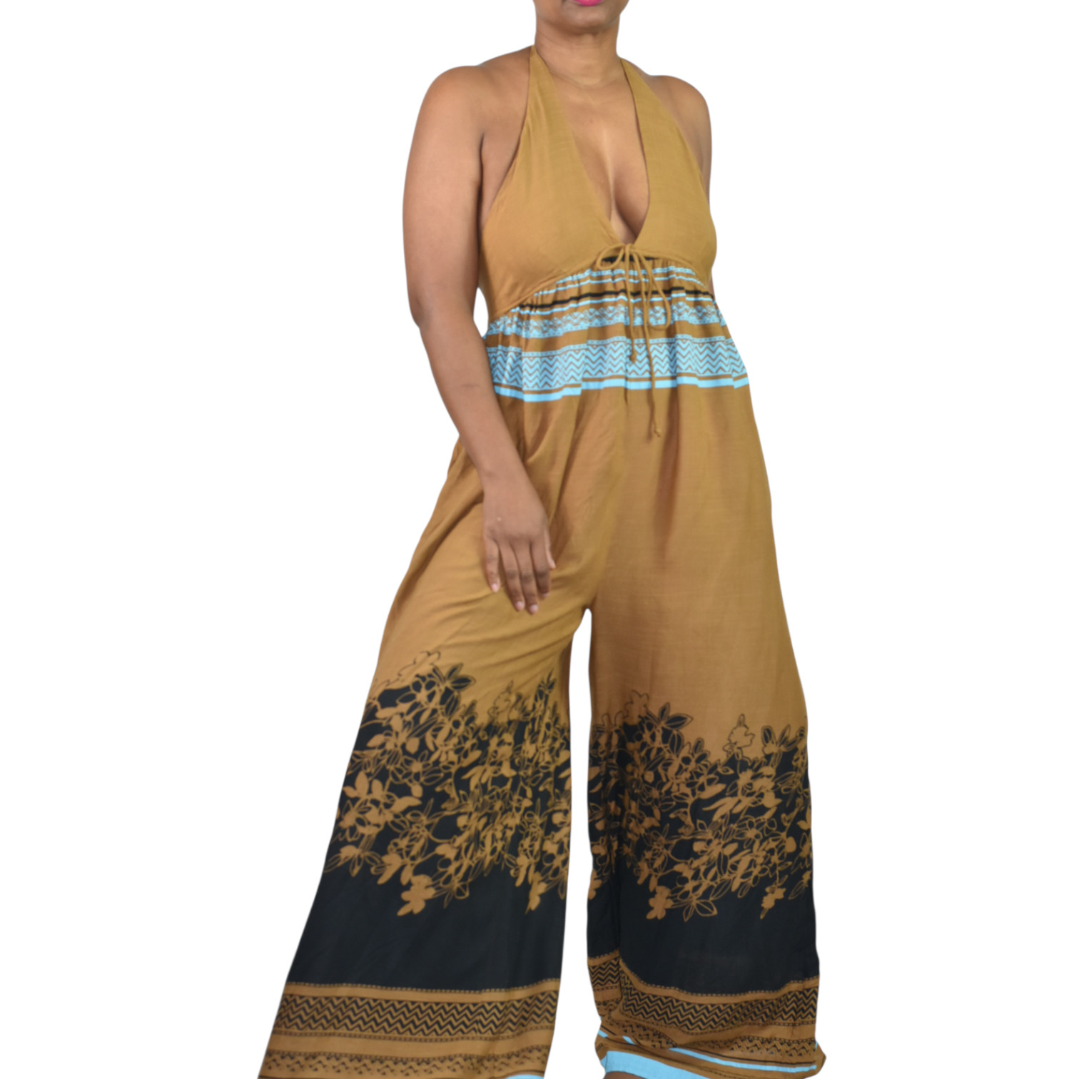 Free People Halter Jumpsuit XS Brown Open Back Wide Flare Leg Pockets Oversized
