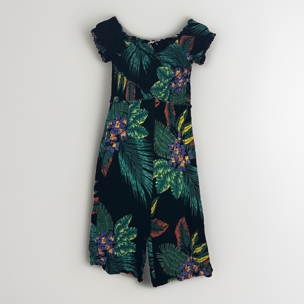 Patrons Of Peace L Tropical Floral Wide Leg Jumpsuit Black Rayon Off Shoulder