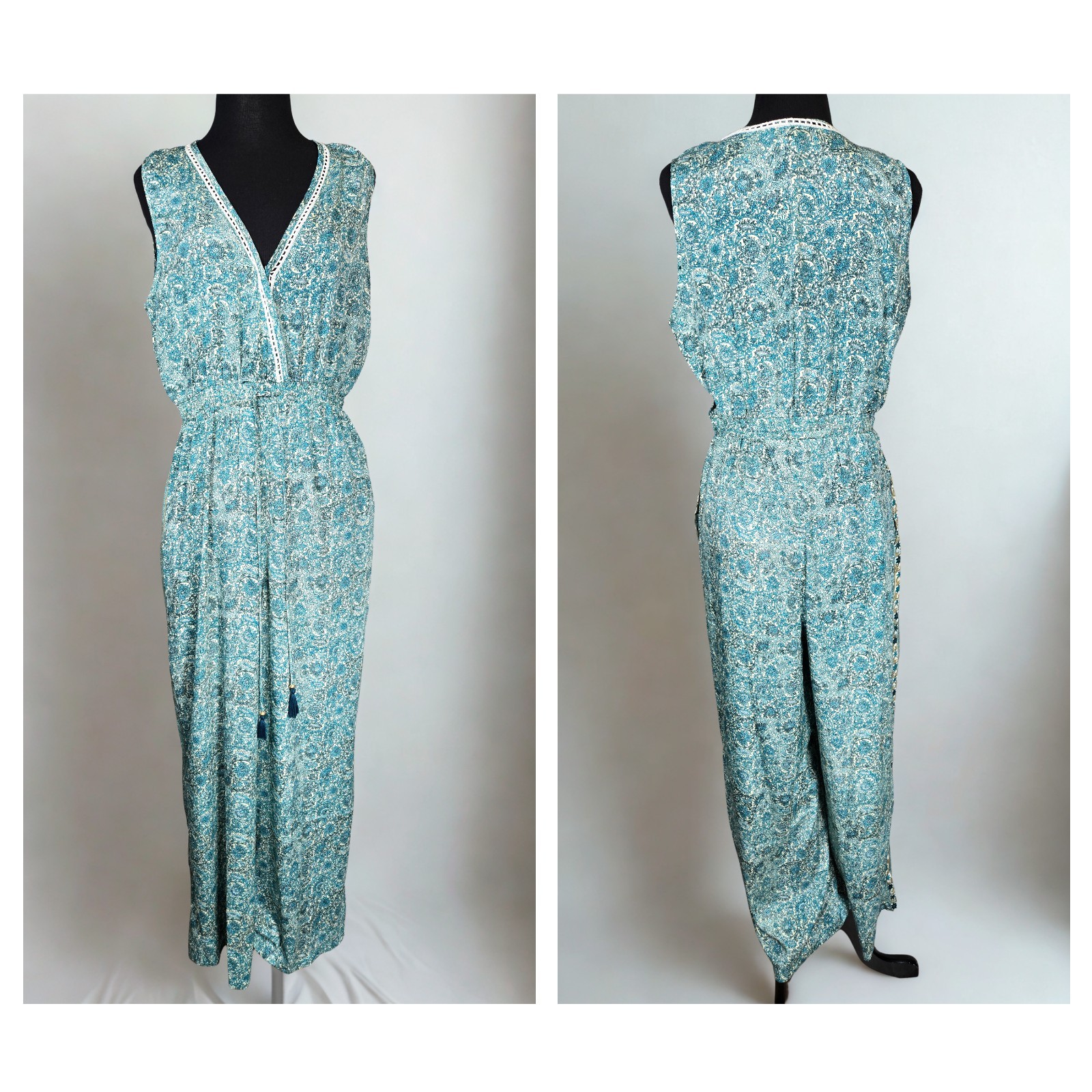 RAGA Summer Boho Chic Jumpsuit – V-Neck Romper w/Waist Ties & Pockets – Size L