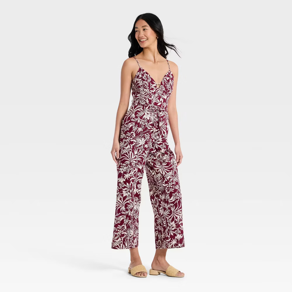 Women Beaded Linen Jumpsuit – A New Day Burgundy Floral L