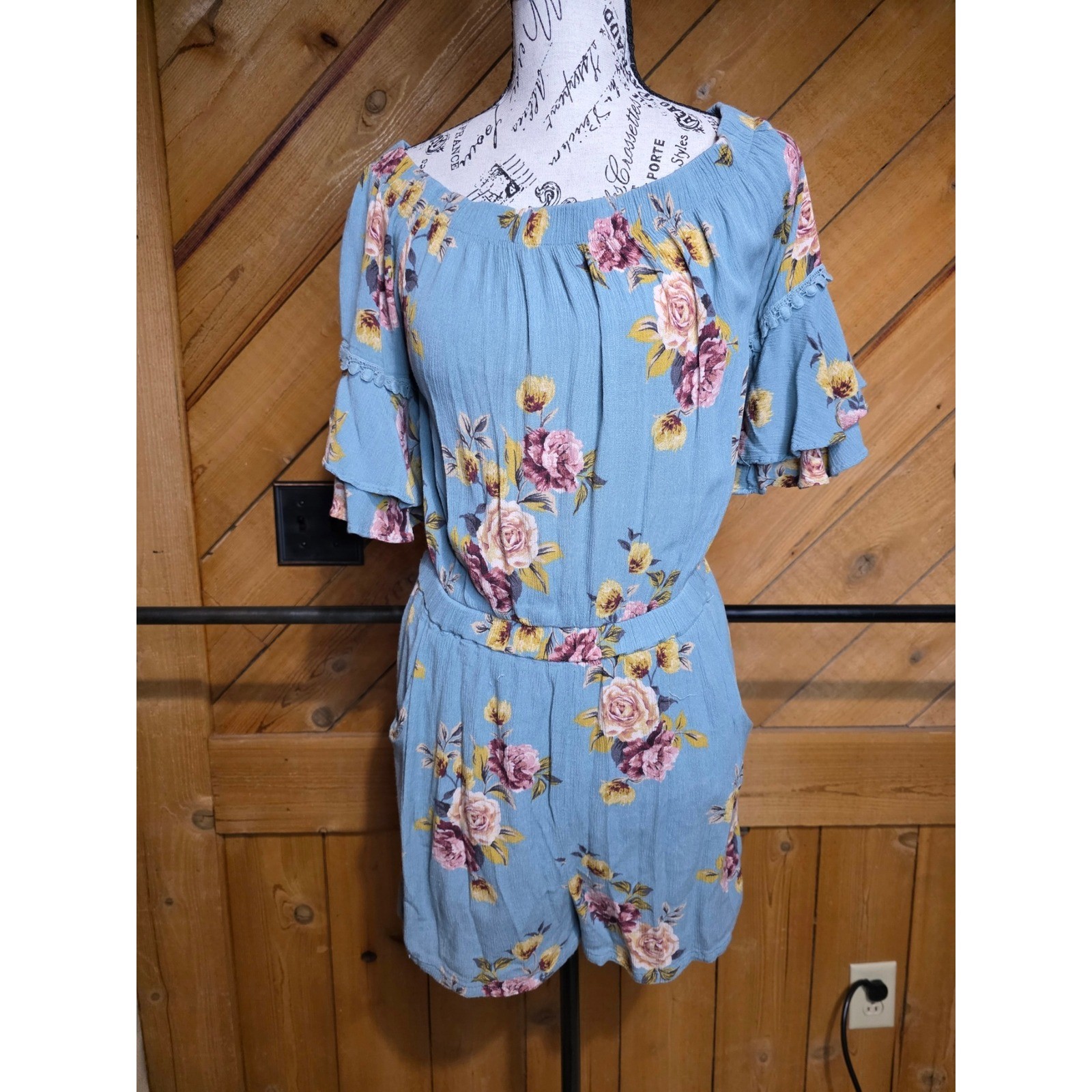 Blue Floral Romper Off Shoulder Ruffle Sleeve Lace Trim Jumpsuit Shorts Womens