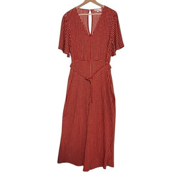 Anthropologie Ett:twa Margaret Belted Wide Leg Jumpsuit Red White Gingham Size 8